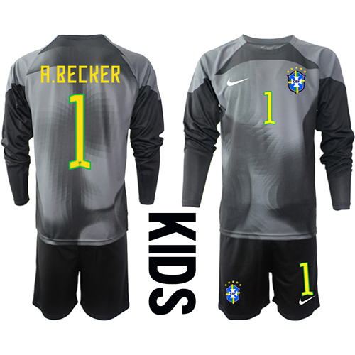 Brasilien Alisson Becker #1 Målvakt Replika babykläder Hemmaställ Barn VM 2022 Långärmad (+ korta byxor)